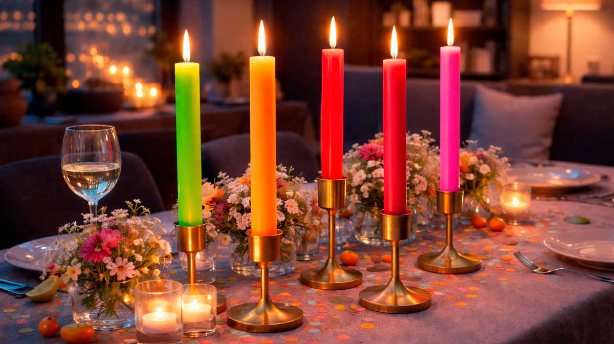 Bunte Schulthess Stabkerzen in Kerzenhaltern auf festlich gedecktem Tisch mit Blumen und warmem Kerzenlicht in gemütlicher Abendstimmung