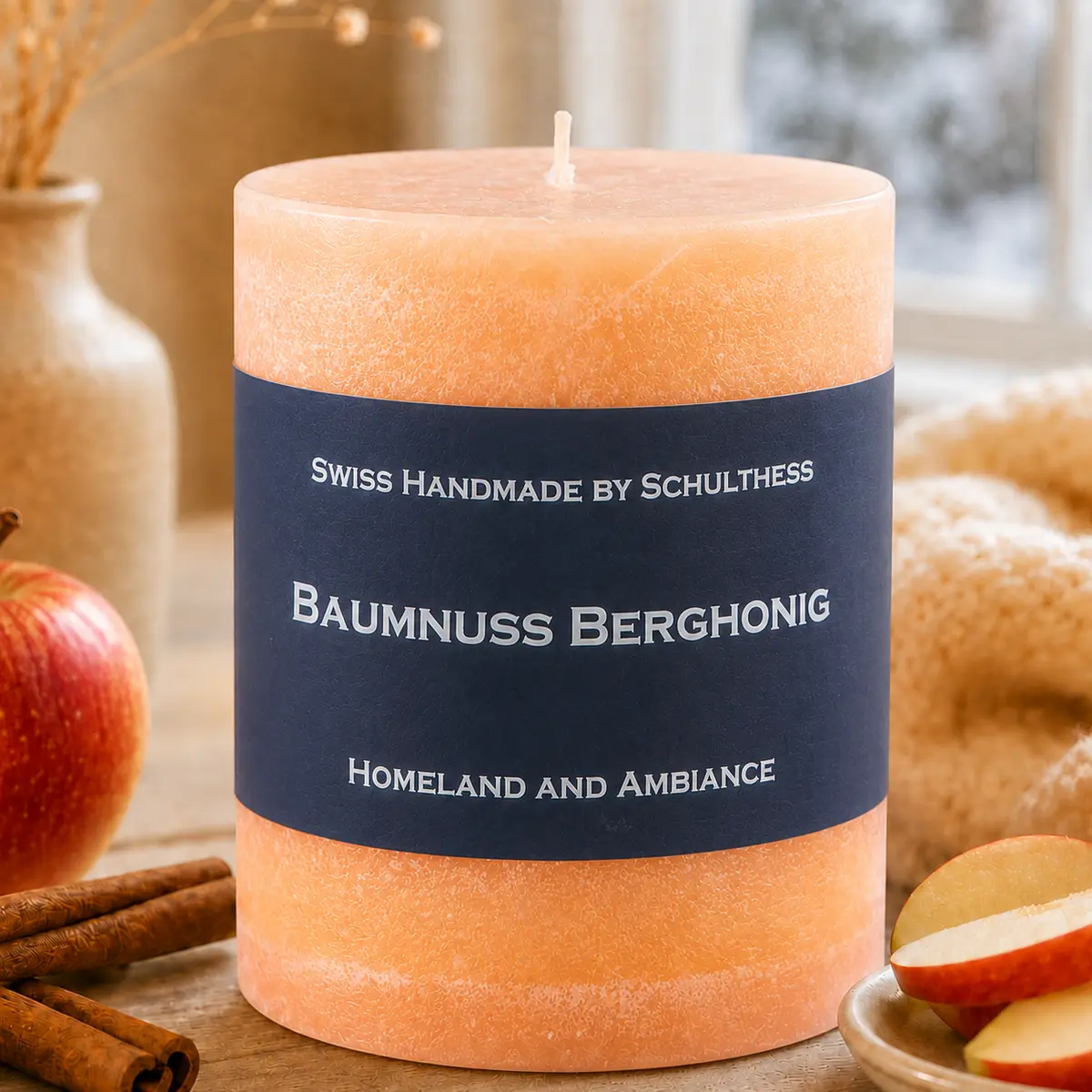 Schulthess Duftkerze Baumnuss Berghonig in heller winterlicher Atmosphäre