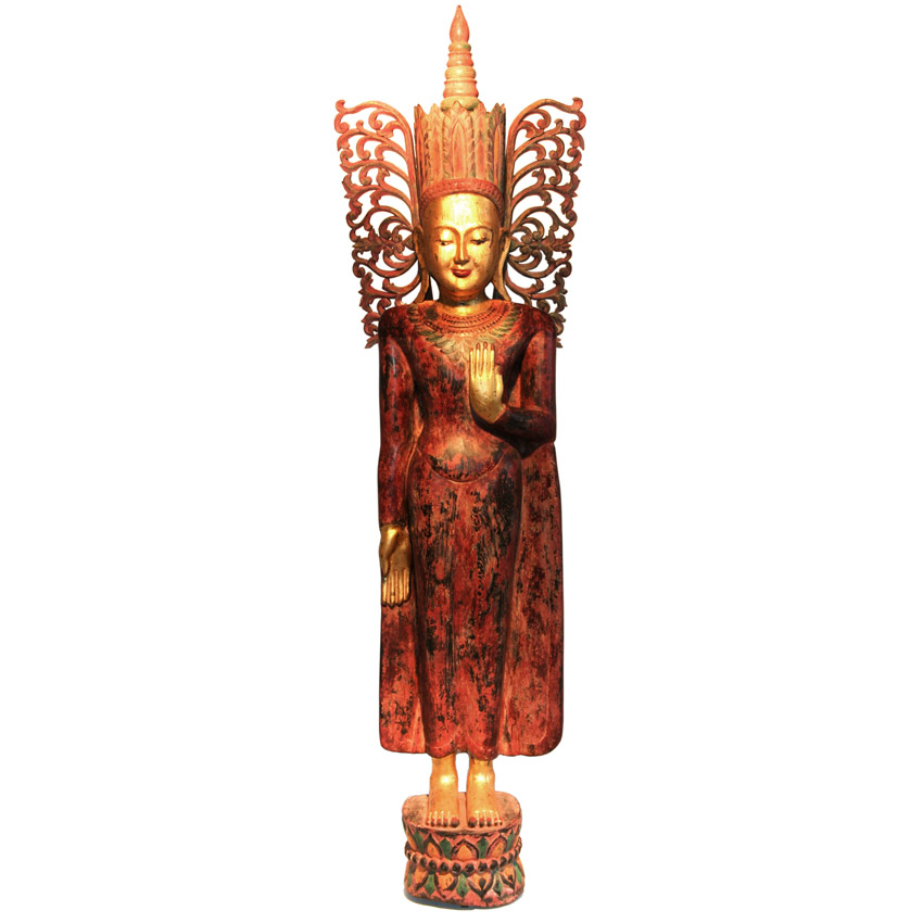 Burmesischer Königsbuddha aus Holz – handgefertigte Figur mit goldener Verzierung und kunstvollem Kopfschmuck. Asiatische Tempelkunst für Meditation und Raumharmonie.
