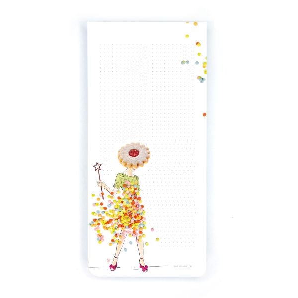 Illustration von Lütteblüten: Eine Frau mit einem Keks als Kopf und einem Kleid aus buntem Konfetti hält einen Zauberstab auf einem punktkarierten Notizblock – verspielt und fantasievoll.