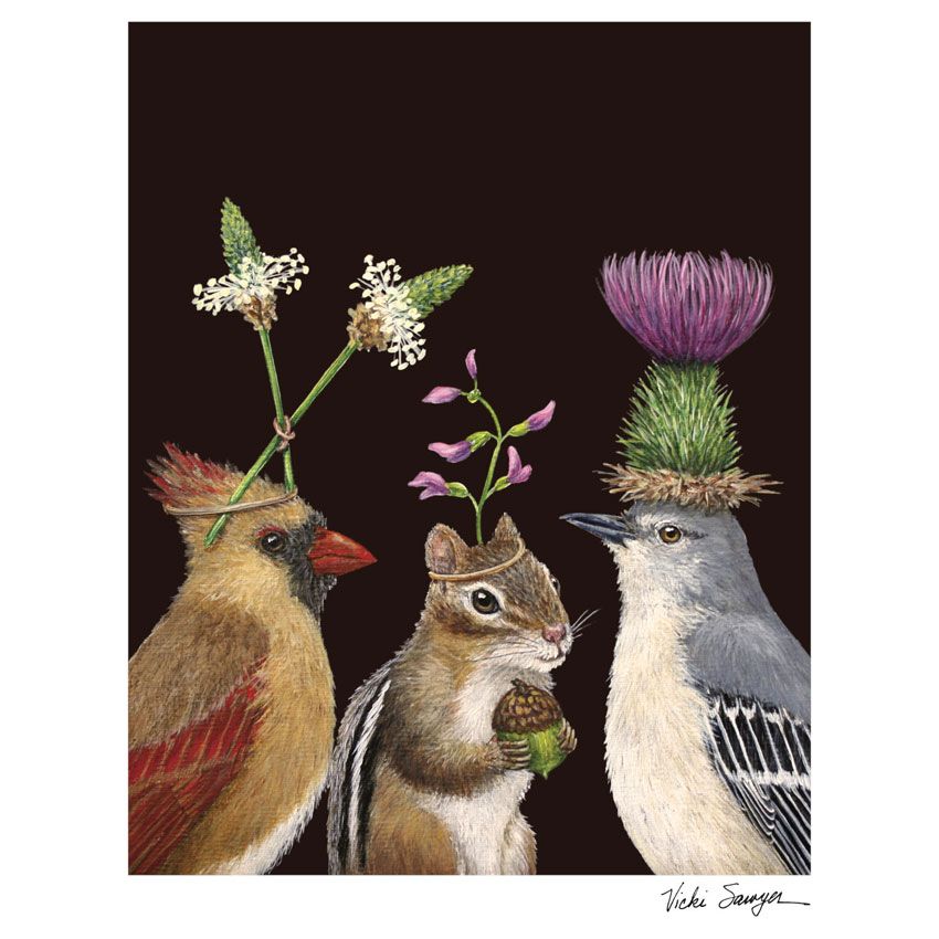 Art Print „Munk in the Middle“ von Vicki Sawyer – Streifenhörnchen zwischen Vögeln mit floralen Elementen, hochwertiger Kunstdruck auf Baumwollpapier