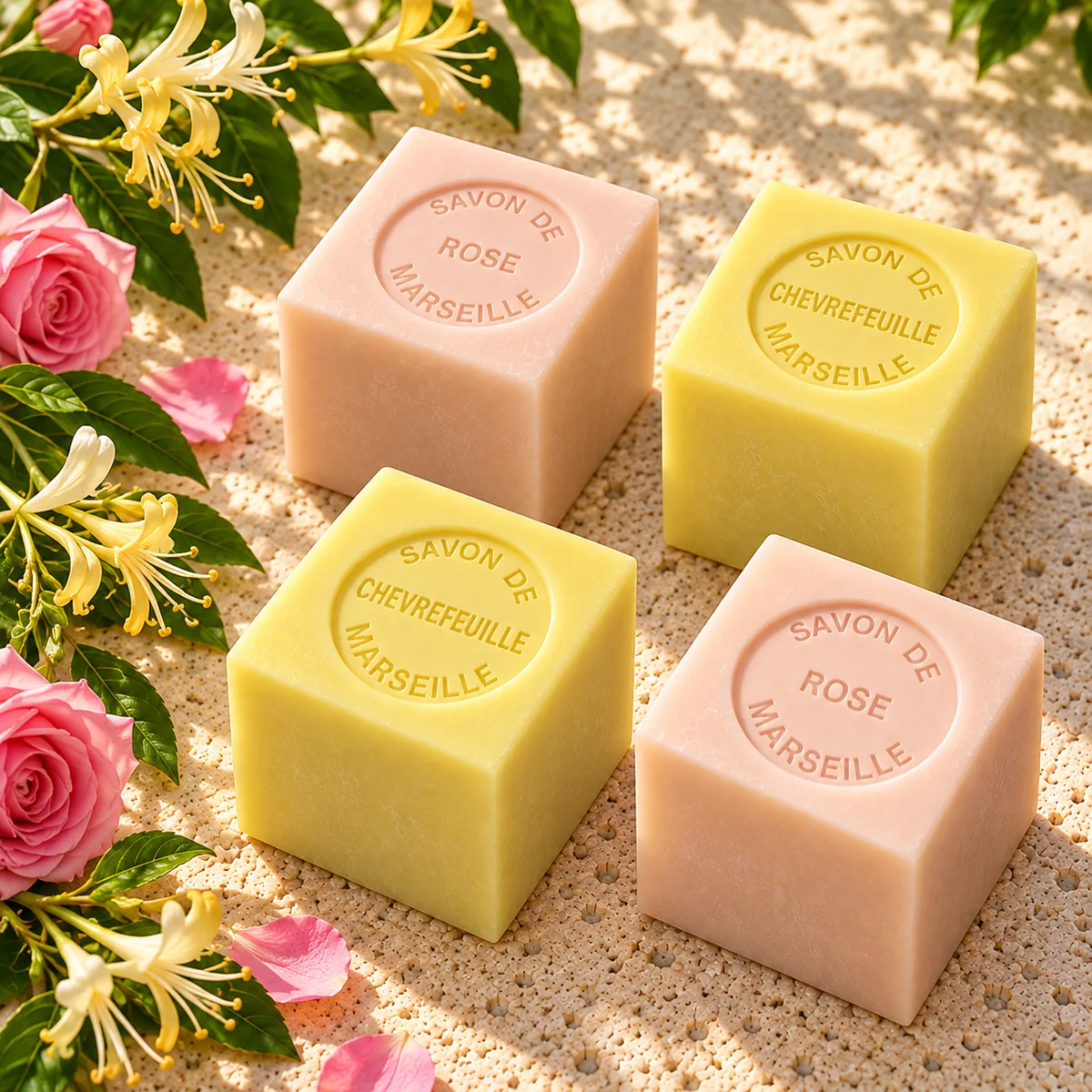 Je zwei Würfelseifen Rose und Chèvrefeuille aus dem Set La Roseraie, auf Travertin mit Rosen und Geißblattblüten arrangiert.