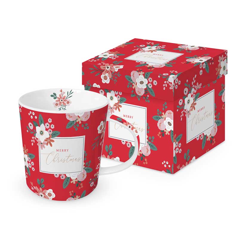 PPD Tasse „Merry Christmas Red“ mit festlichem Blumenmuster auf rotem Hintergrund, goldfarbenem Schriftzug und passender Geschenkbox – stilvolle Porzellantasse für Weihnachten.