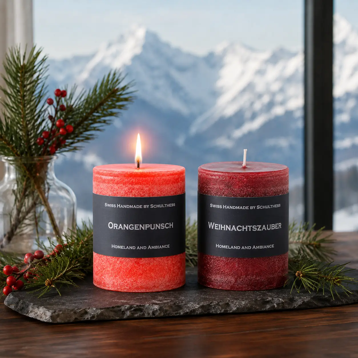 Schulthess Duftkerzen Orangenpunsch und Weihnachtszauber vor winterlicher Bergkulisse