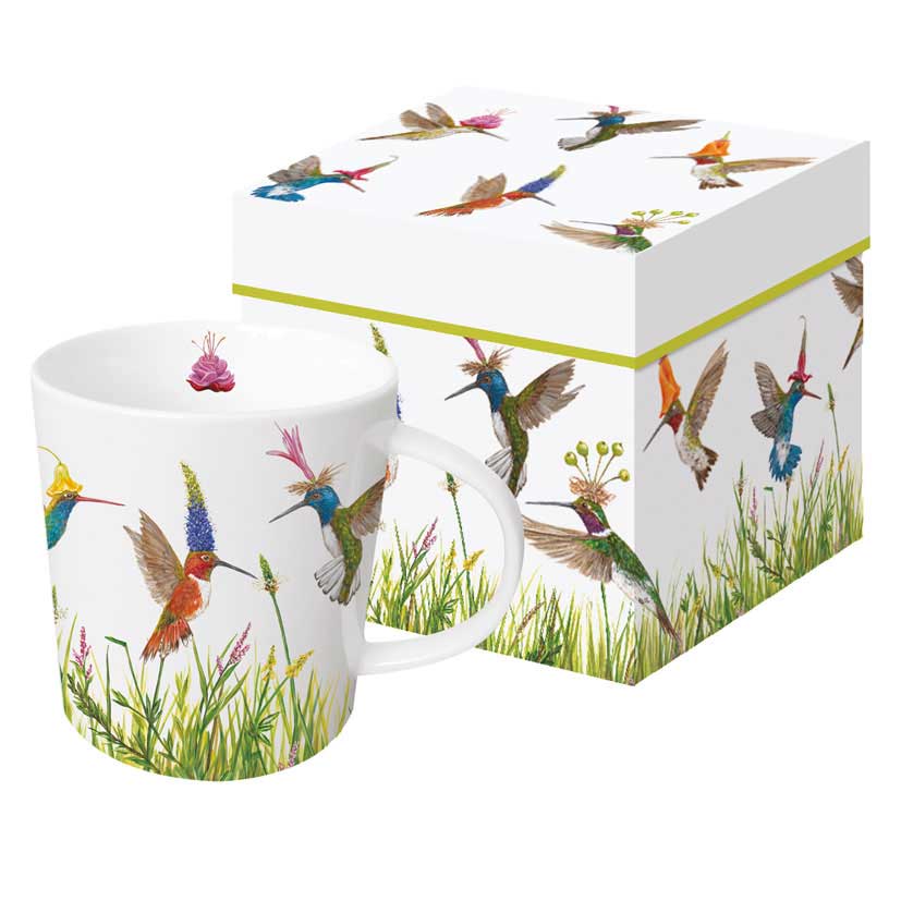 PPD Porzellantasse „Meadow Buzz“ mit bunten Kolibris und Blumenmotiv, geliefert in passender Geschenkbox – farbenfrohes Design von Vicki Sawyer.