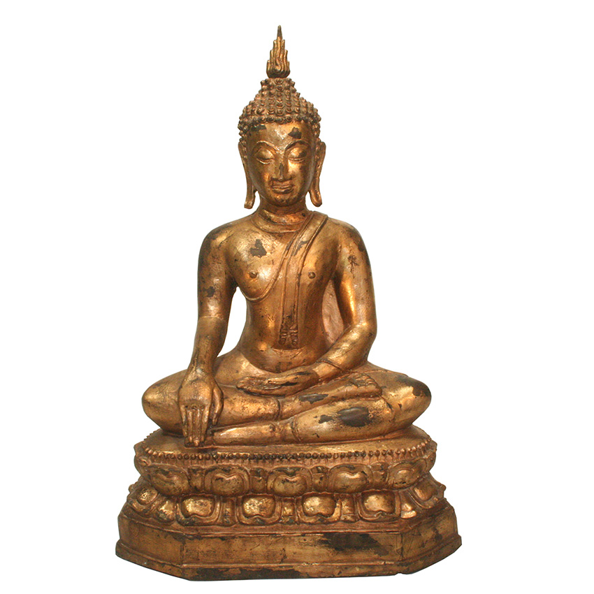 Sitzende Buddhafigur aus Bronze, fein gearbeitet mit goldener Patina. Klassische asiatische Kunst in Meditationshaltung – Symbol für Ruhe, Achtsamkeit und Harmonie.