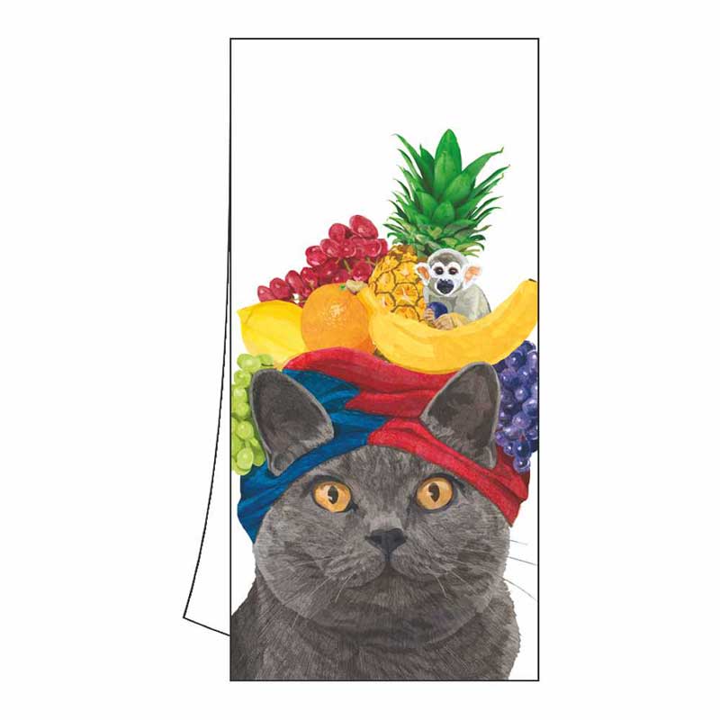 PPD Geschirrtuch „Carmen“ mit grauer Katze, Früchtehut und kleinem Affen – humorvolles, farbenfrohes Design von Vicki Sawyer für eine originelle Küchendeko.