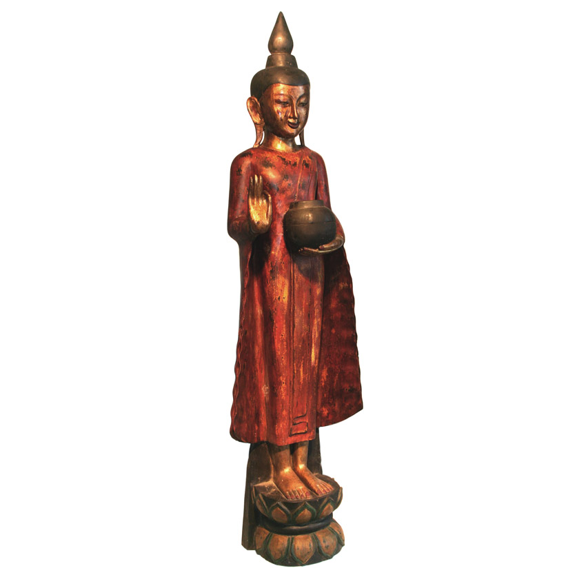 Handgefertigte Buddhafigur aus Holz – lackiert in Rot und Gold. Asiatische Skulptur in stehender Pose, ideal als Dekoration für Meditation, Achtsamkeit und Wohnambiente.