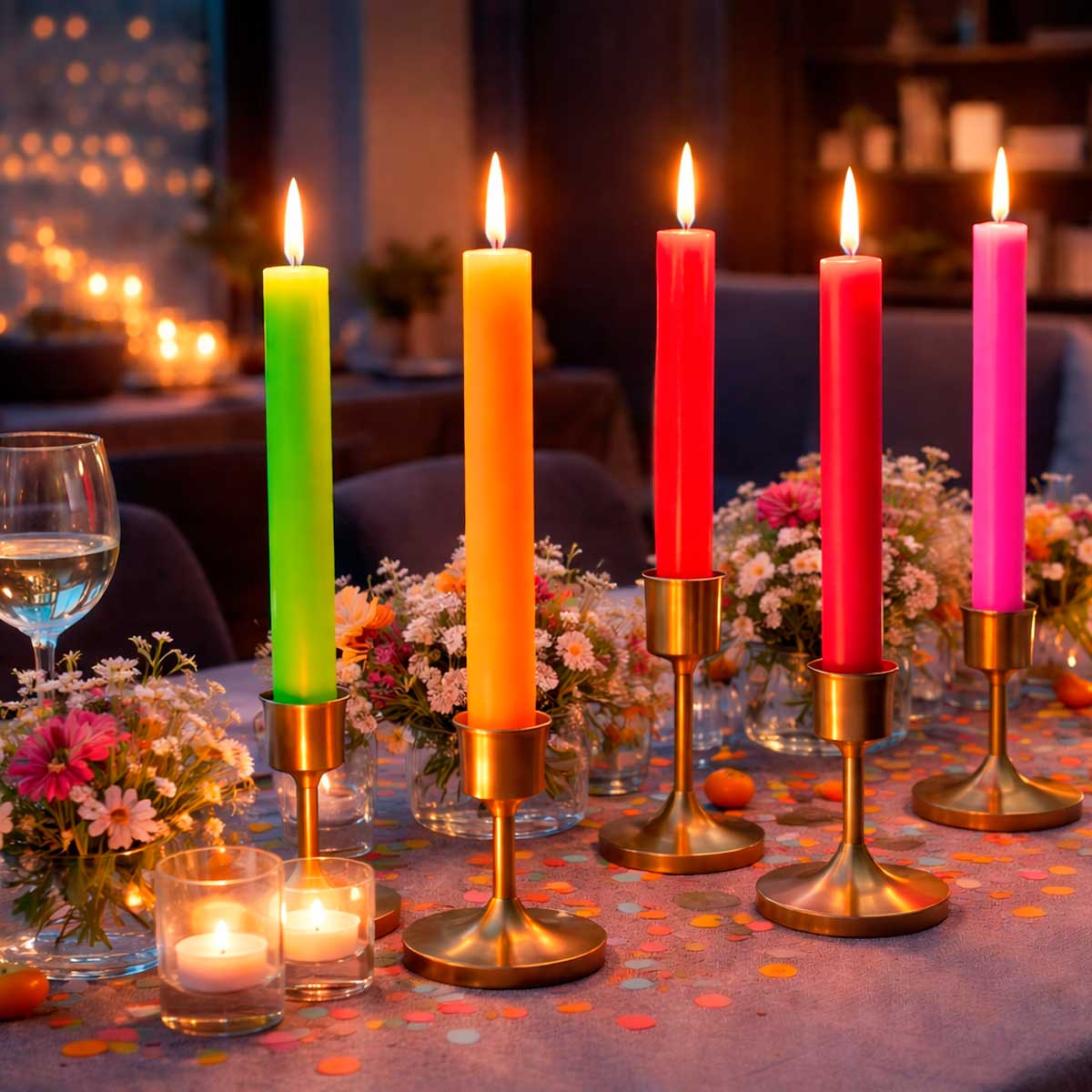Schulthess Stabkerzen in Neonfarben auf festlich gedecktem Tisch – bunte Kerzen in goldenen Haltern mit Blumen und Kerzenlicht Atmosphäre