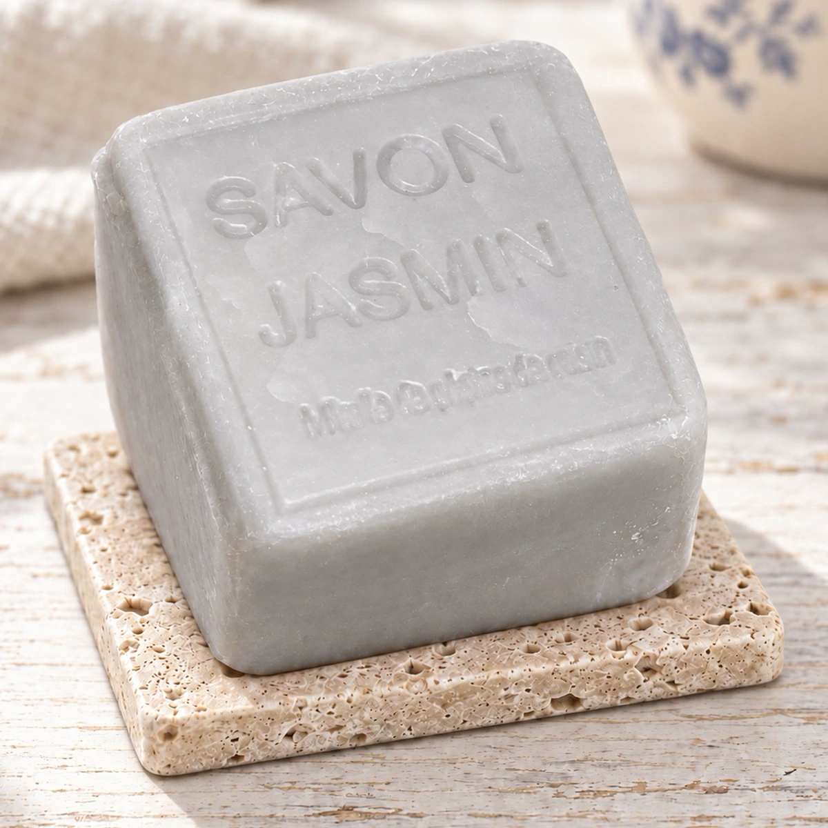 Maitre Savonitto Seifenwürfel Jasmin auf Travertin