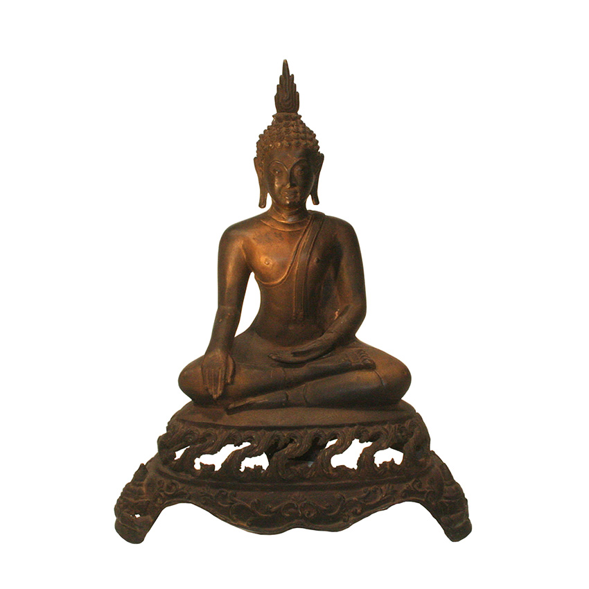 Siddharta Gautama Buddha Figur aus Bronze auf kunstvoll durchbrochenem Flammenthron – meditierende Haltung mit ruhigem Ausdruck und feiner Patina