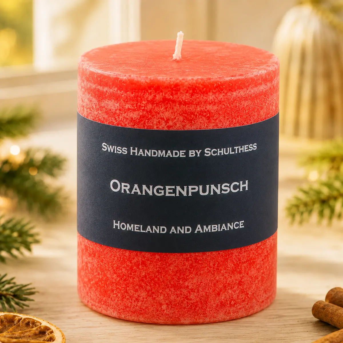 Schulthess Duftkerze Orangenpunsch in heller weihnachtlicher Atmosphäre