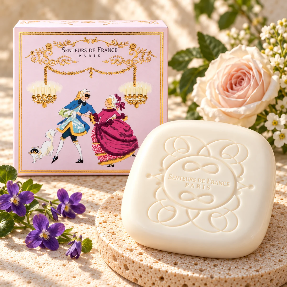 Senteurs de France Seife Bal Masqué mit rosa Schmuckschachtel, violetten Blüten und heller Rose auf Travertin.