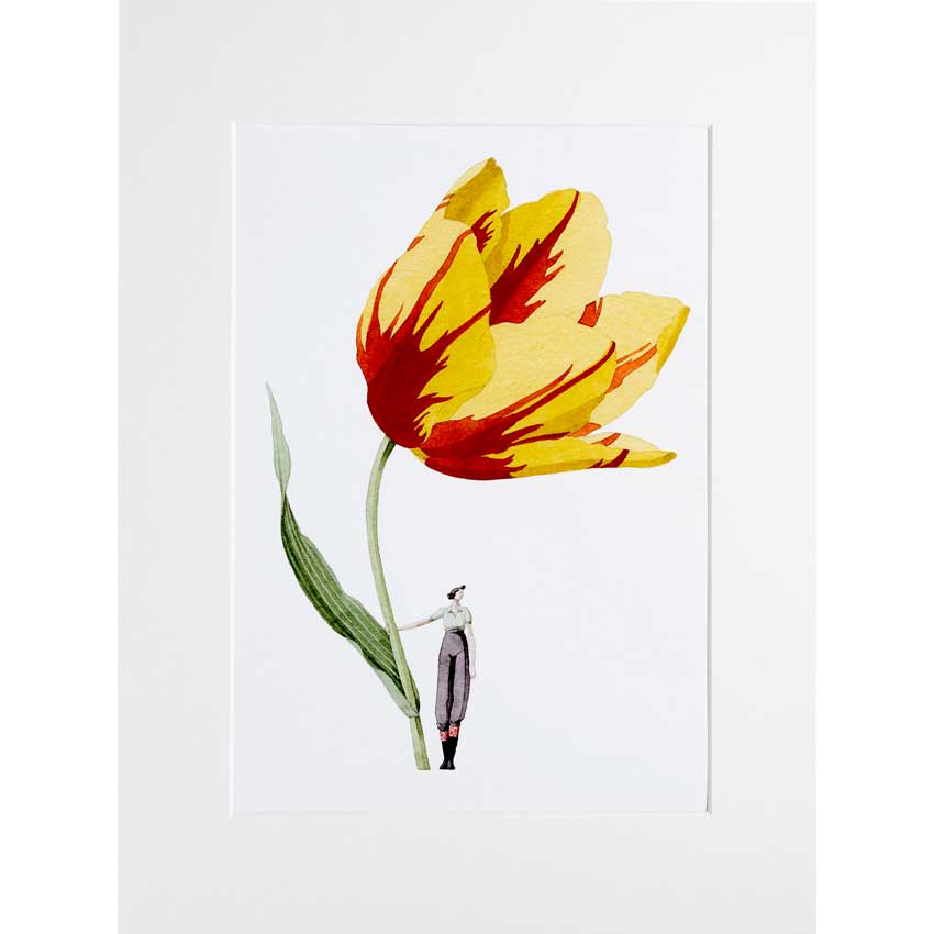 Art Print „Tulip“ von Laura Stoddart – leuchtende Tulpenblüte in Aquarelloptik mit kleiner Figur, hochwertiger Giclée-Kunstdruck
