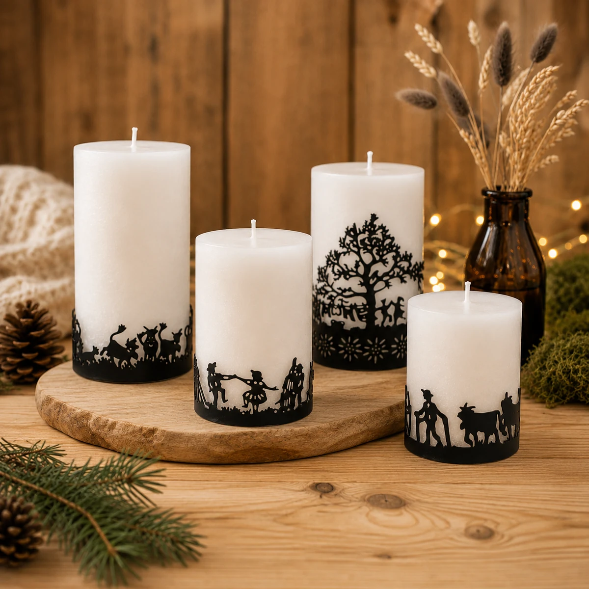 Schulthess Chalet Chic Scherenschnittkerzen mit alpinen Motiven in gemütlicher Holzatmosphäre