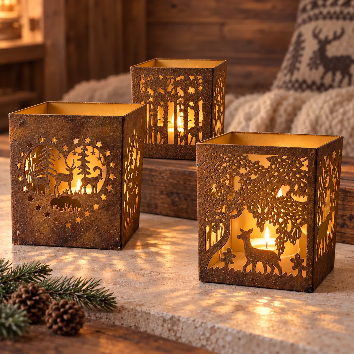 Drei handgefertigte Schulthess Windlichter mit Hirsch- und Waldmotiven im warmen alpinen Chalet-Ambiente.