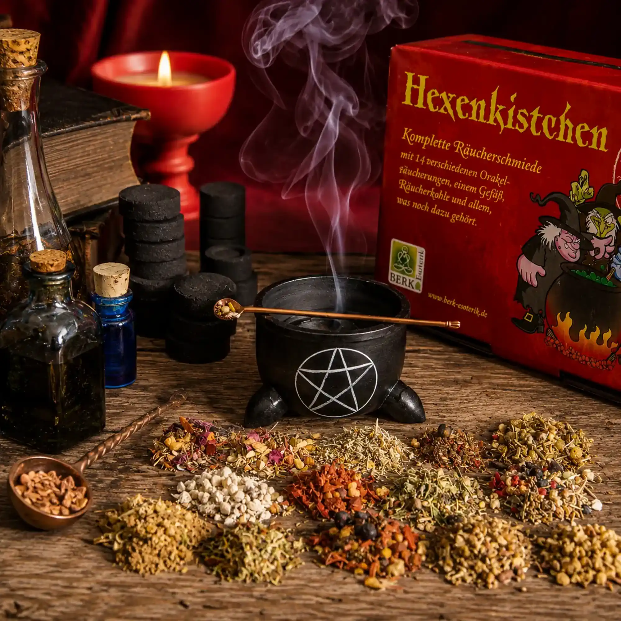 Berk Hexenkistchen Orakel-Räucherset mit Specksteingefäß, Räucherkohle und 14 Räuchermischungen