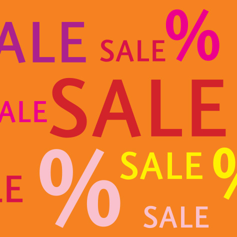 PPD Sale Motiv in Orange mit farbenfrohen Schriftzügen „SALE“ und Prozentzeichen in Rot, Rosa und Gelb – aufmerksamkeitsstarkes Design für Rabattaktionen und Sonderangebote.
