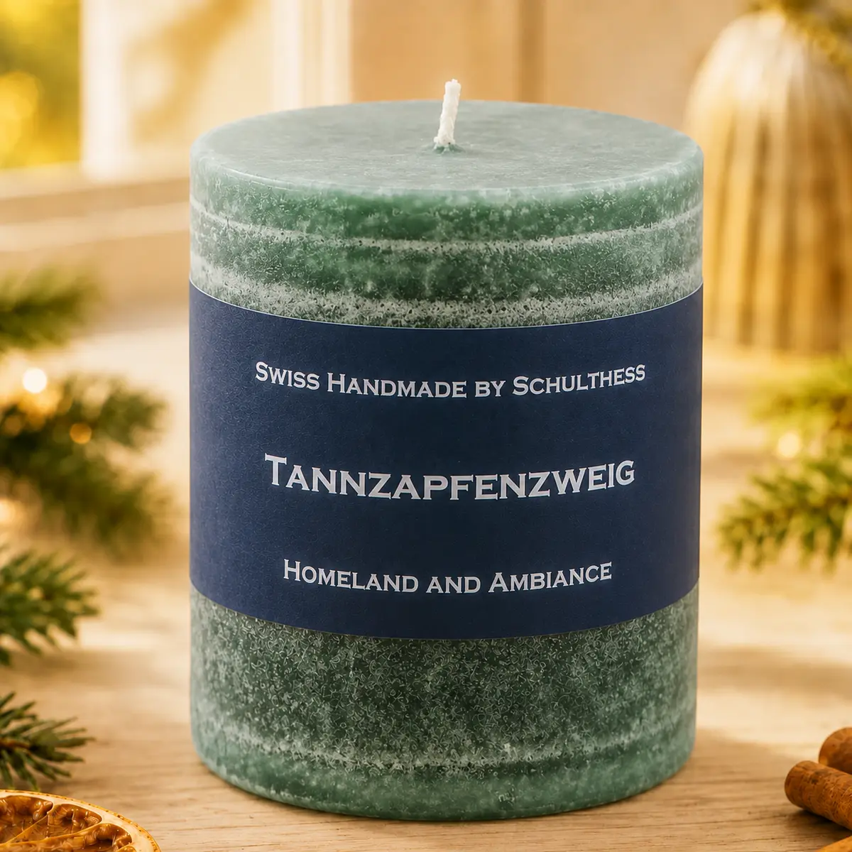 Grüne Schulthess Duftkerze Tannzapfenzweig in festlicher Weihnachtsatmosphäre