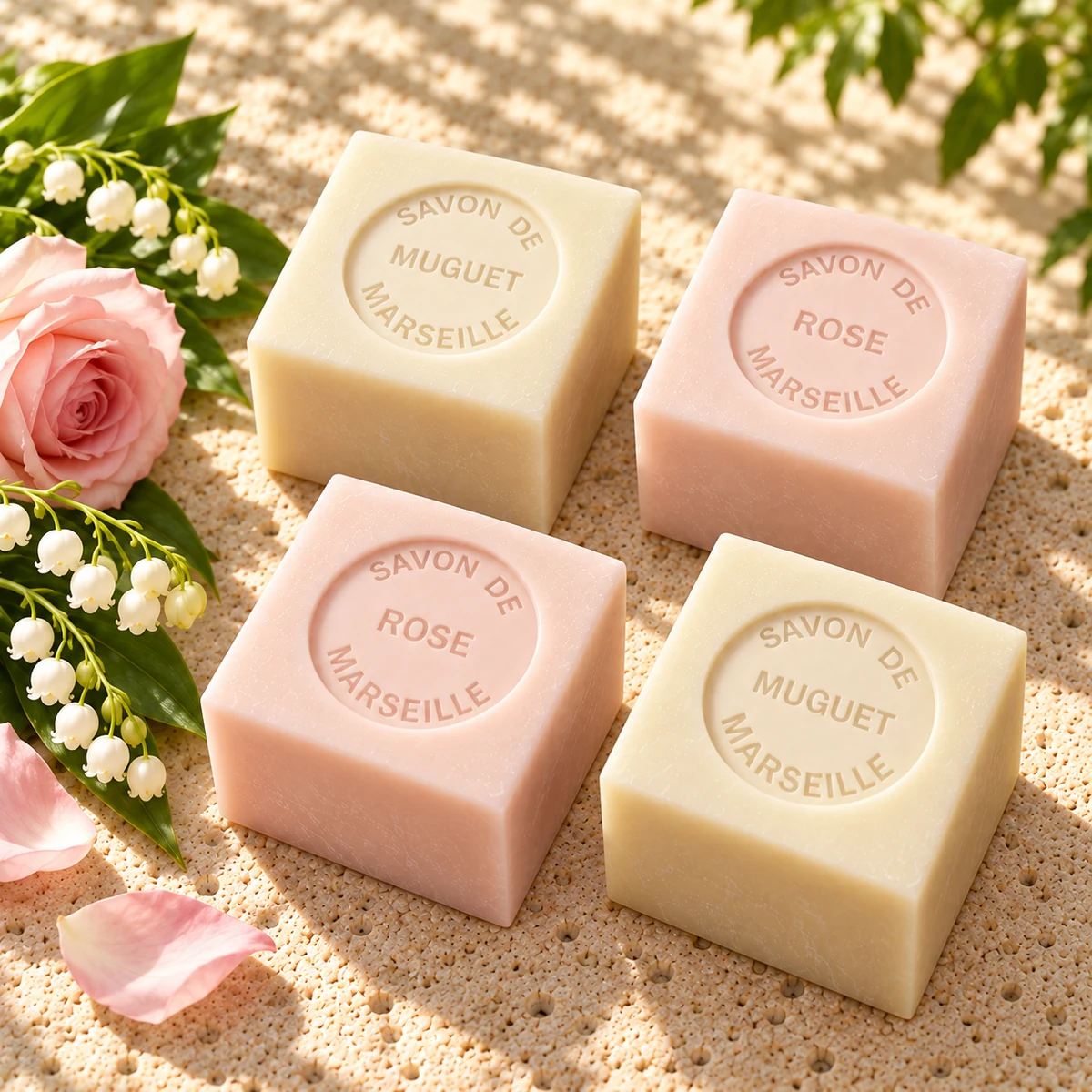 Je zwei Würfelseifen Muguet und Rose von Senteurs de France, frei auf Travertin mit einer rosa Rose und Maiglöckchen arrangiert.