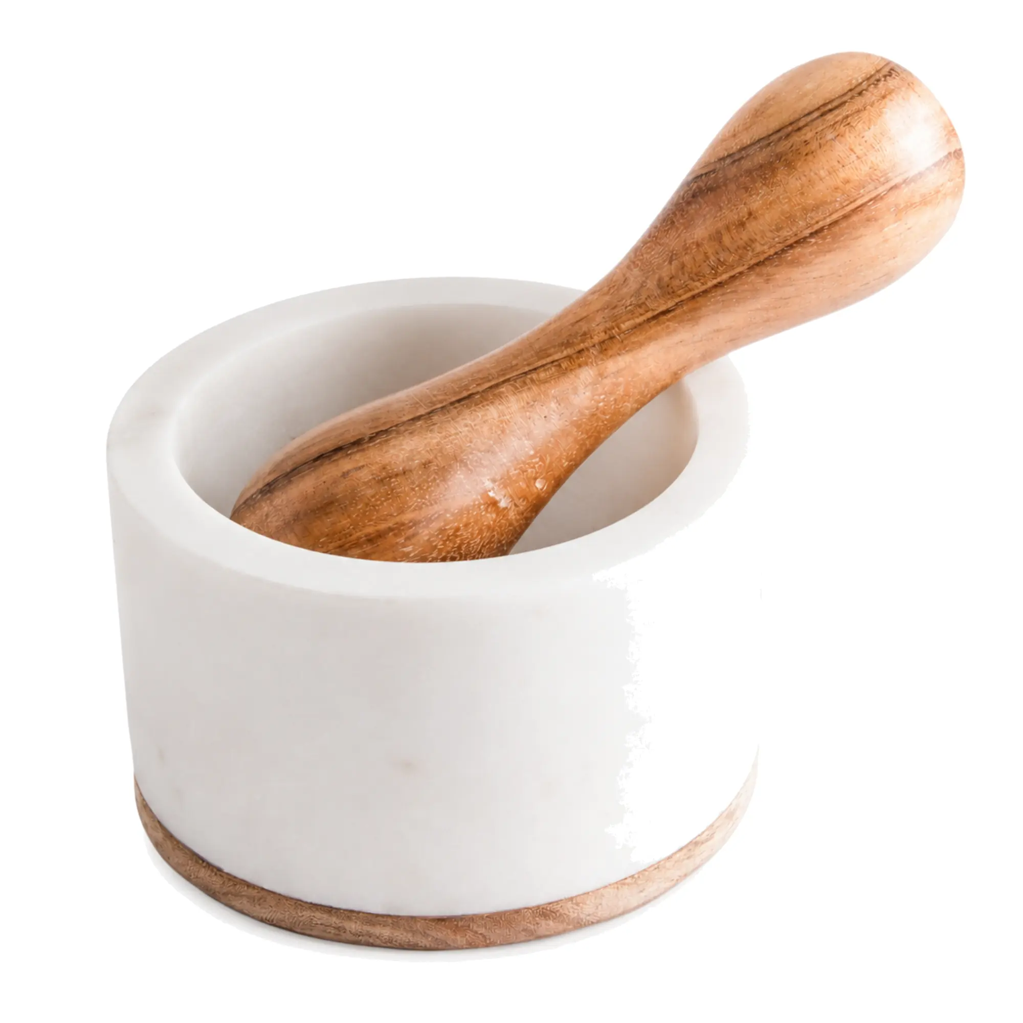 Weißer Marmormörser mit Holzstößel
