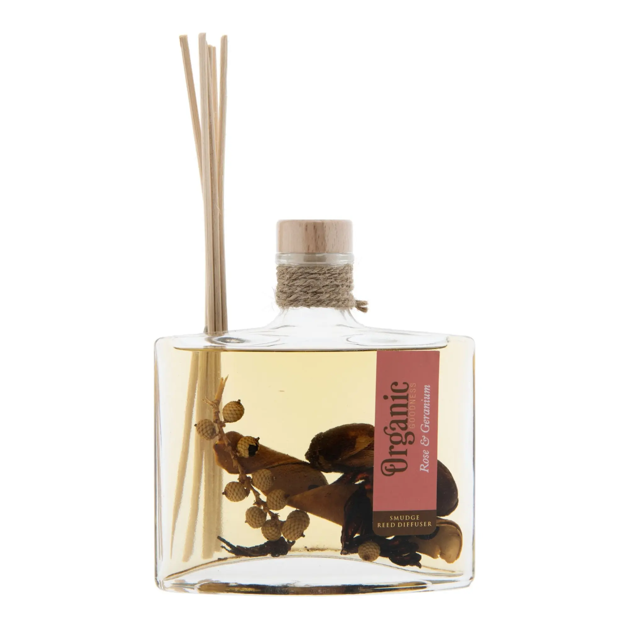 Organic Goodness Reed Diffuser Rose & Geranium mit Duftstäbchen und botanischen Bestandteilen.