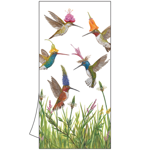 PPD Geschirrtuch „Meadow Buzz“ mit bunten Kolibris und Blumen – kunstvolles, naturinspiriertes Design für frische Frühlingsstimmung in der Küche.