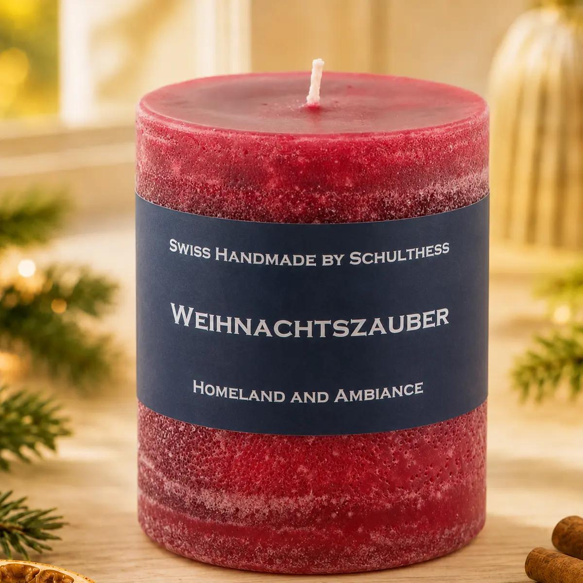 Rote Schulthess Duftkerze Weihnachtszauber in festlicher Weihnachtsatmosphäre