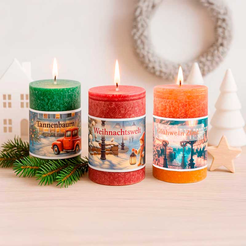 Drei brennende Weihnachtsduftkerzen in Grün, Rot und Orange mit den Aufschriften Tannenbaum, Weihnachtswelt und Glühwein Zimt. Auf dem Tisch liegen Tannenzweige, im Hintergrund stehen Winterdekorationen.
