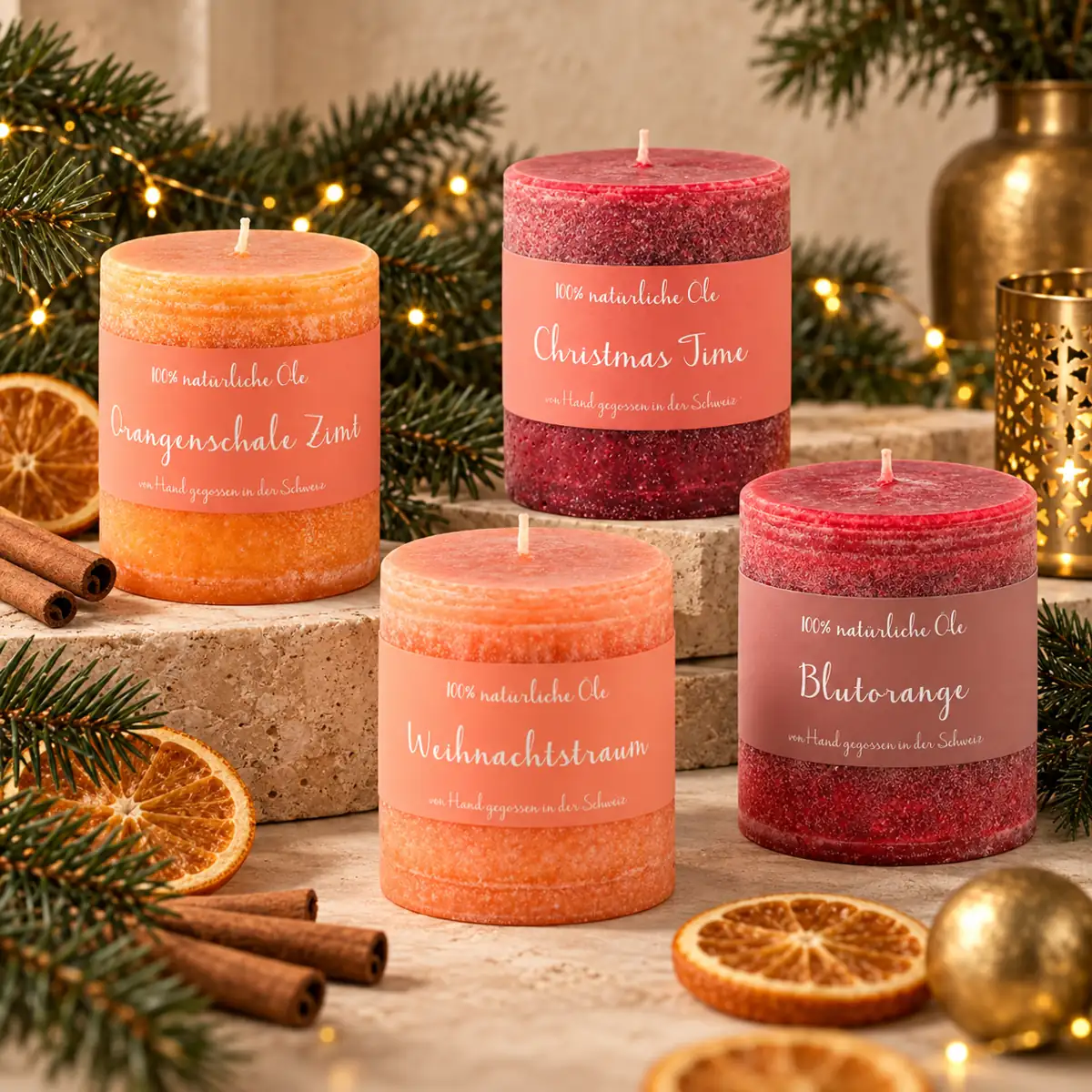 Vier festlich arrangierte Schulthess Weihnachtskerzen mit Tannengrün, Zimt, getrockneten Orangenscheiben und warmen goldenen Lichtern.