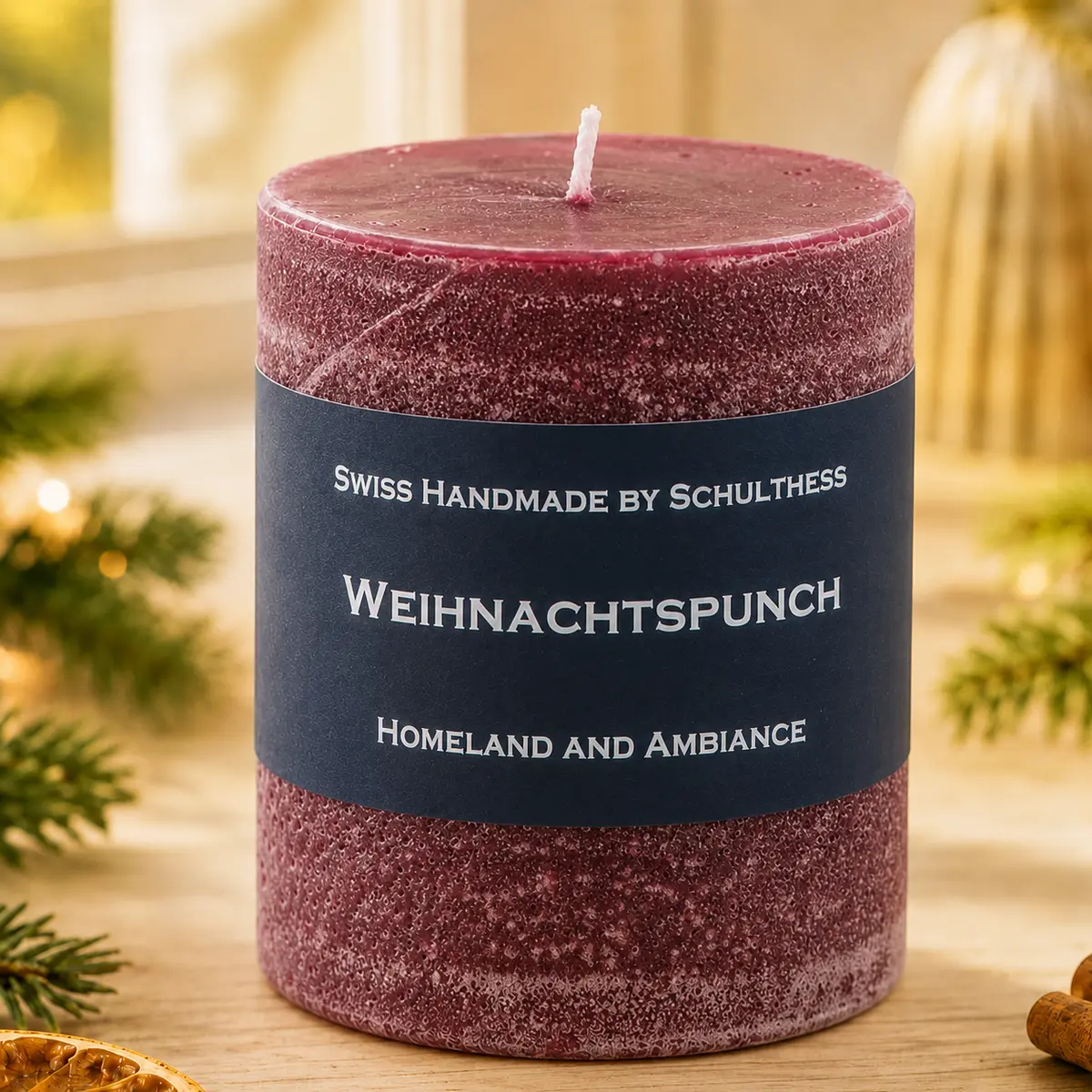 Bordeauxrote Schulthess Duftkerze Weihnachtspunch in festlicher Weihnachtsatmosphäre