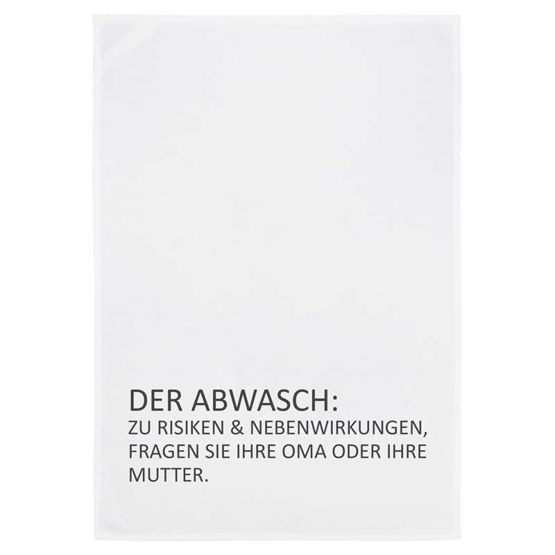 Geschirrtuch von 17;30 mit lustigem Spruch „Der Abwasch: Zu Risiken & Nebenwirkungen fragen Sie Ihre Oma oder Ihre Mutter“ – humorvolles Küchentuch aus Baumwolle.