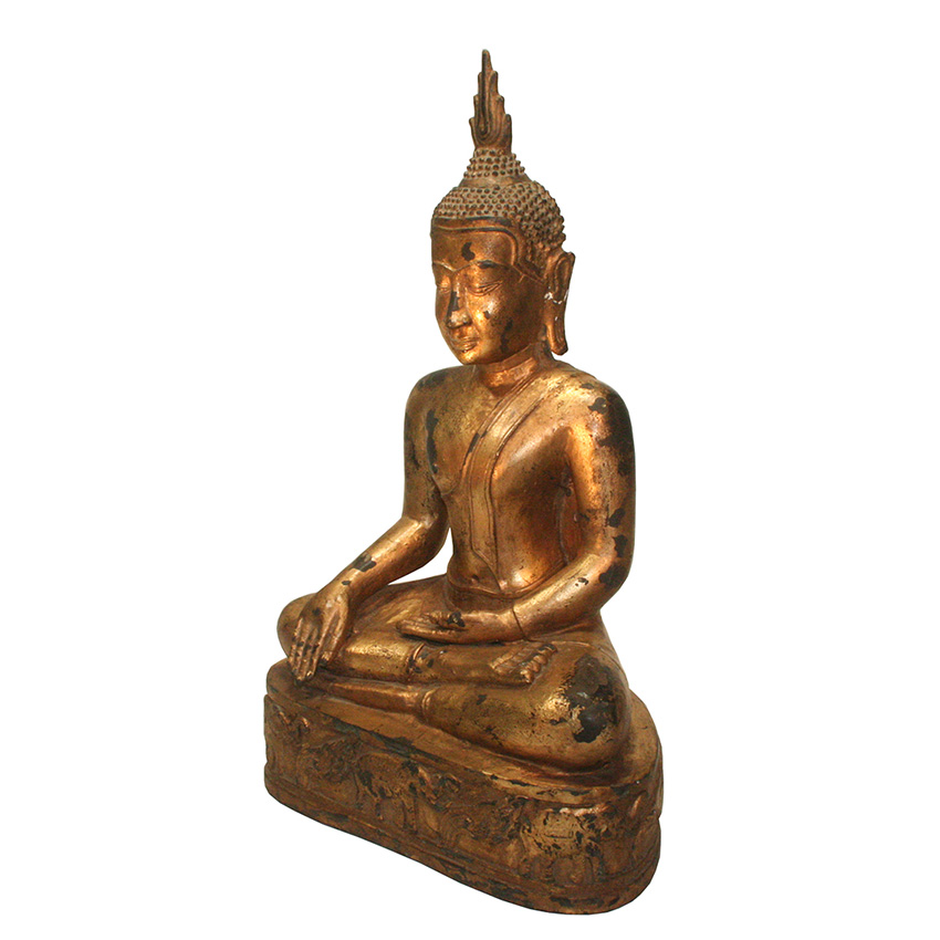 Seitliche Ansicht der vergoldeten Siddharta Gautama Buddha Figur aus Bronze auf Elefantenthron – filigrane Handarbeit mit antiker Patina und ruhiger Ausstrahlung.