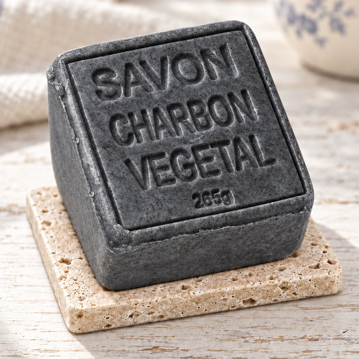 Maitre Savonitto Aktivkohle-Seife Charbon Végétal auf Travertin