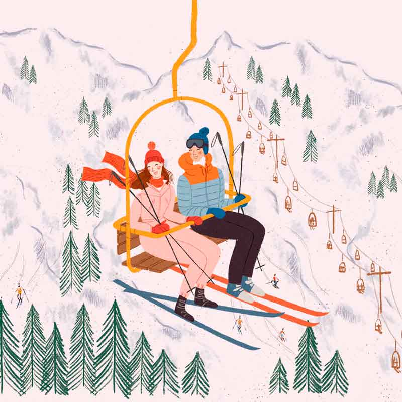 PPD Serviette „Zermatt“ mit winterlichem Motiv eines Paares im Skilift vor verschneiten Bergen – stimmungsvolles Design für gemütliche Winter- und Weihnachtsdeko.