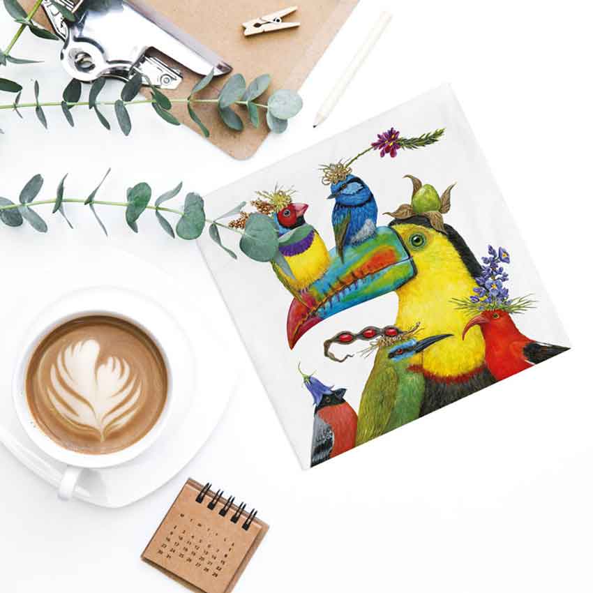 PPD Servietten mit farbenfrohem Vogelmotiv von Vicki Sawyer – detailreich illustrierte Papierservietten, ideal für fröhliche Tischdekoration und besondere Anlässe.