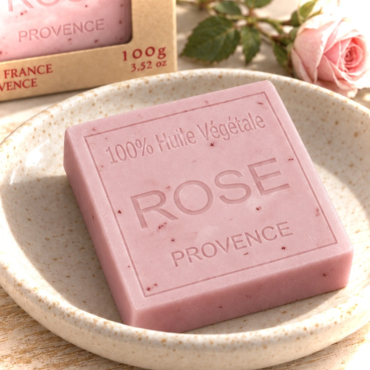 Maître Savonitto Roseseife auf einem hellen Keramikteller, mit Kartonverpackung dahinter und einer rosa Rose.