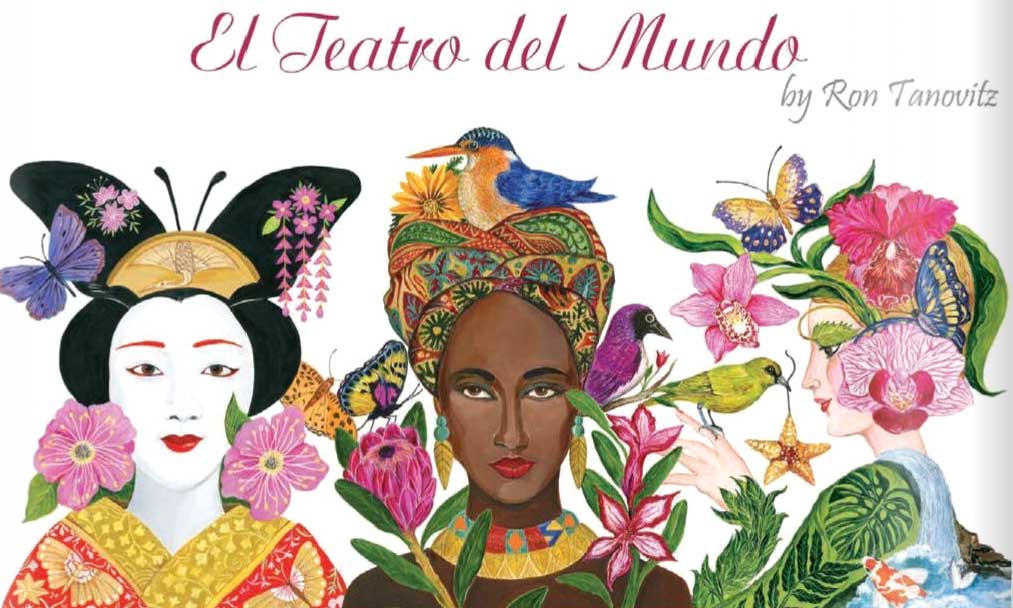 PPD Servietten mit Kunstmotiv „El Teatro del Mundo“ von Ron Tanovitz – farbenfrohe Porträts mit Blumen, Vögeln und Schmetterlingen, inspiriert von globaler Vielfalt.