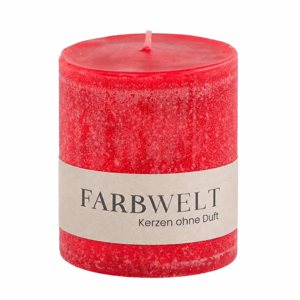 Rote Schulthess Stumpenkerze in Scharlachrot mit Banderole „FARBWELT – Kerzen ohne Duft“.