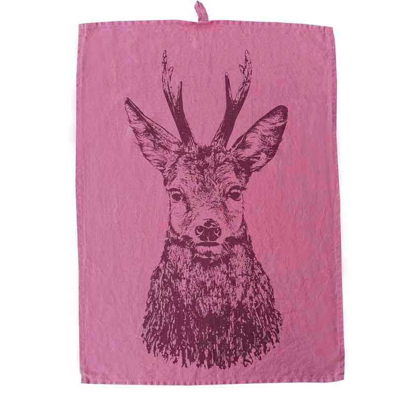 Frohstoff Geschirrtuch Rehbock Farbe Rote Beete aus vorgewaschenem Leinen mit elegantem Rehbockmotiv im Handsiebdruck aus Hamburg.