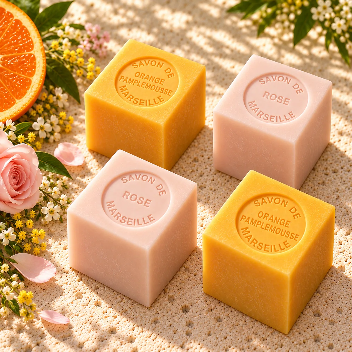 Je zwei Würfelseifen Rose und Orange Pamplemousse aus dem Set Fleurs des Champs, frei auf Travertin mit Blüten und Orange arrangiert.