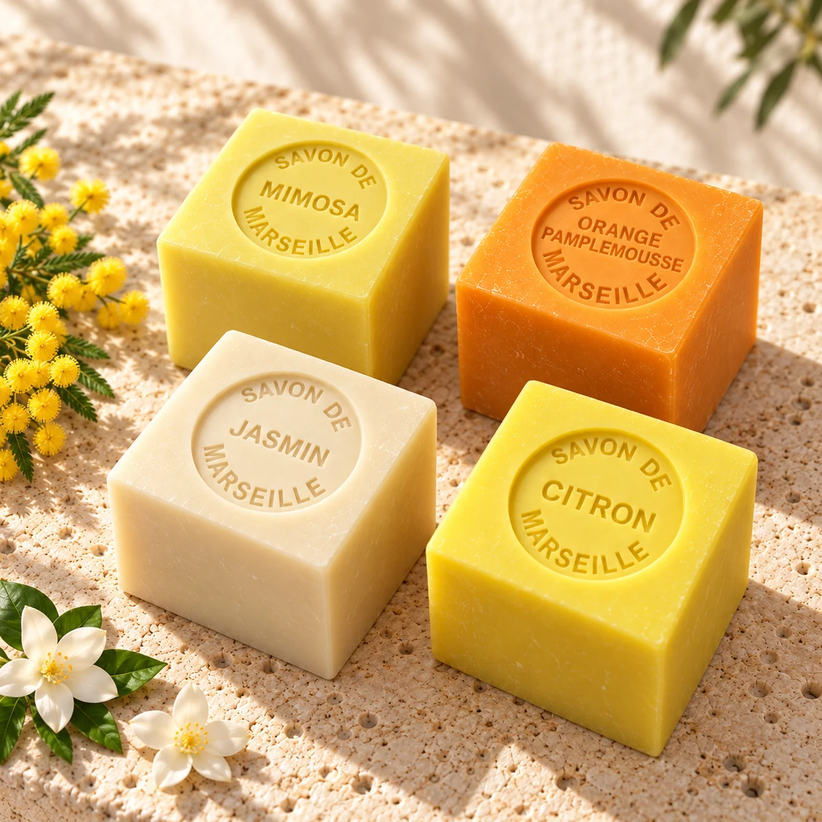 Vier Senteurs de France Würfelseifen Mimosa, Orange-Pamplemousse, Jasmin und Citron ohne Verpackung auf hellem Travertin.