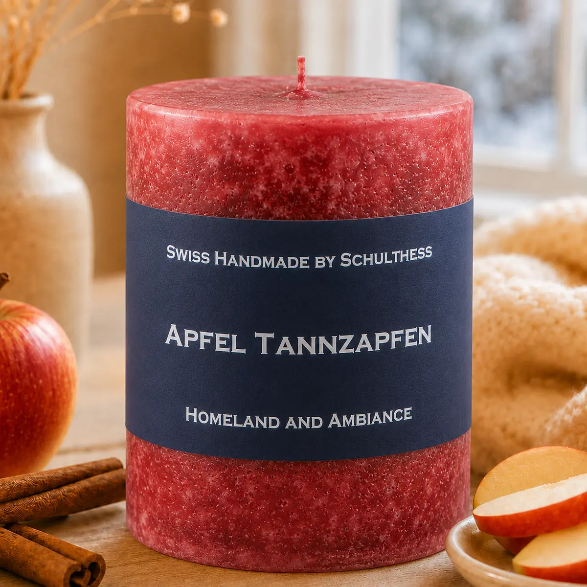 Schulthess Duftkerze Apfel Tannzapfen in heller winterlicher Atmosphäre