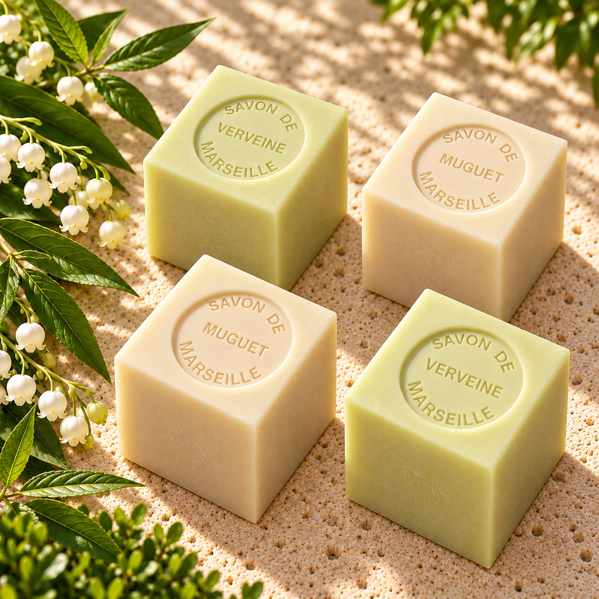 Je zwei Würfelseifen Verveine und Muguet aus dem Set Jardin à la Française, auf Travertin mit Maiglöckchen und frischem Grün arrangiert.