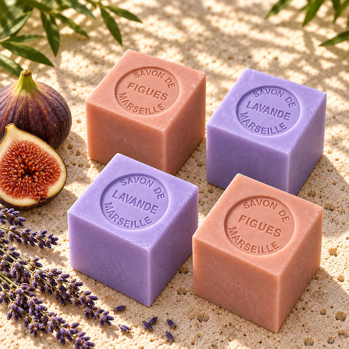 Zwei rosafarbene Feigenseifen und zwei violette Lavendelseifen als Würfel auf hellem Naturstein mit Feigen und Lavendelzweigen.