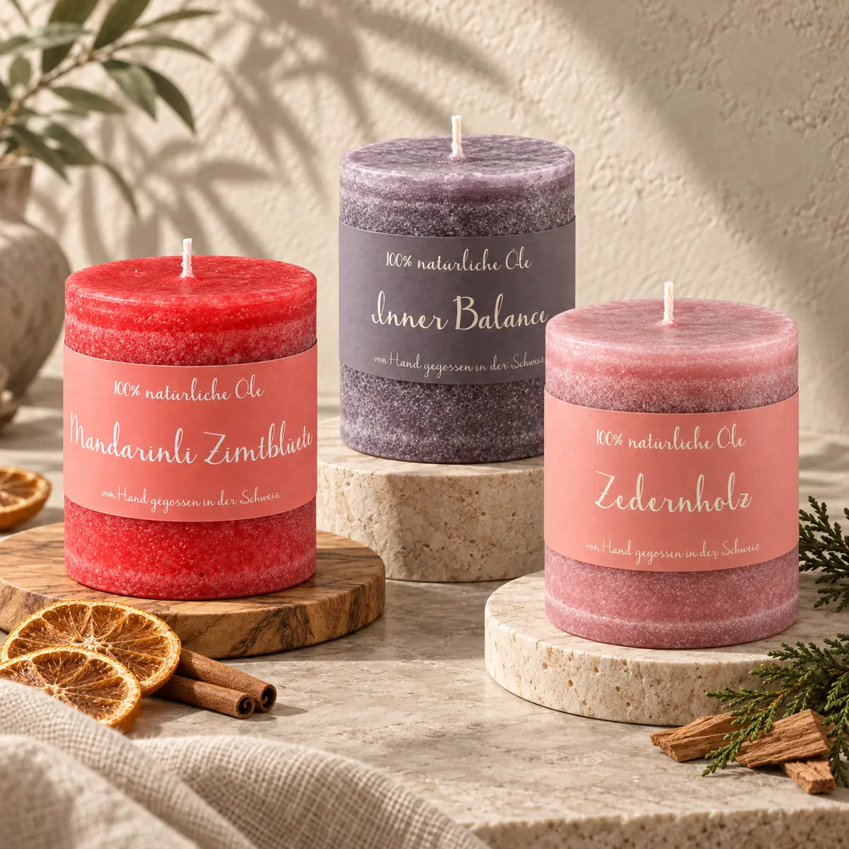 Schulthess Duftkerzen Mandarinli Zimtblüte, Inner Balance und Zedernholz aus 100 % natürlichen Ölen
