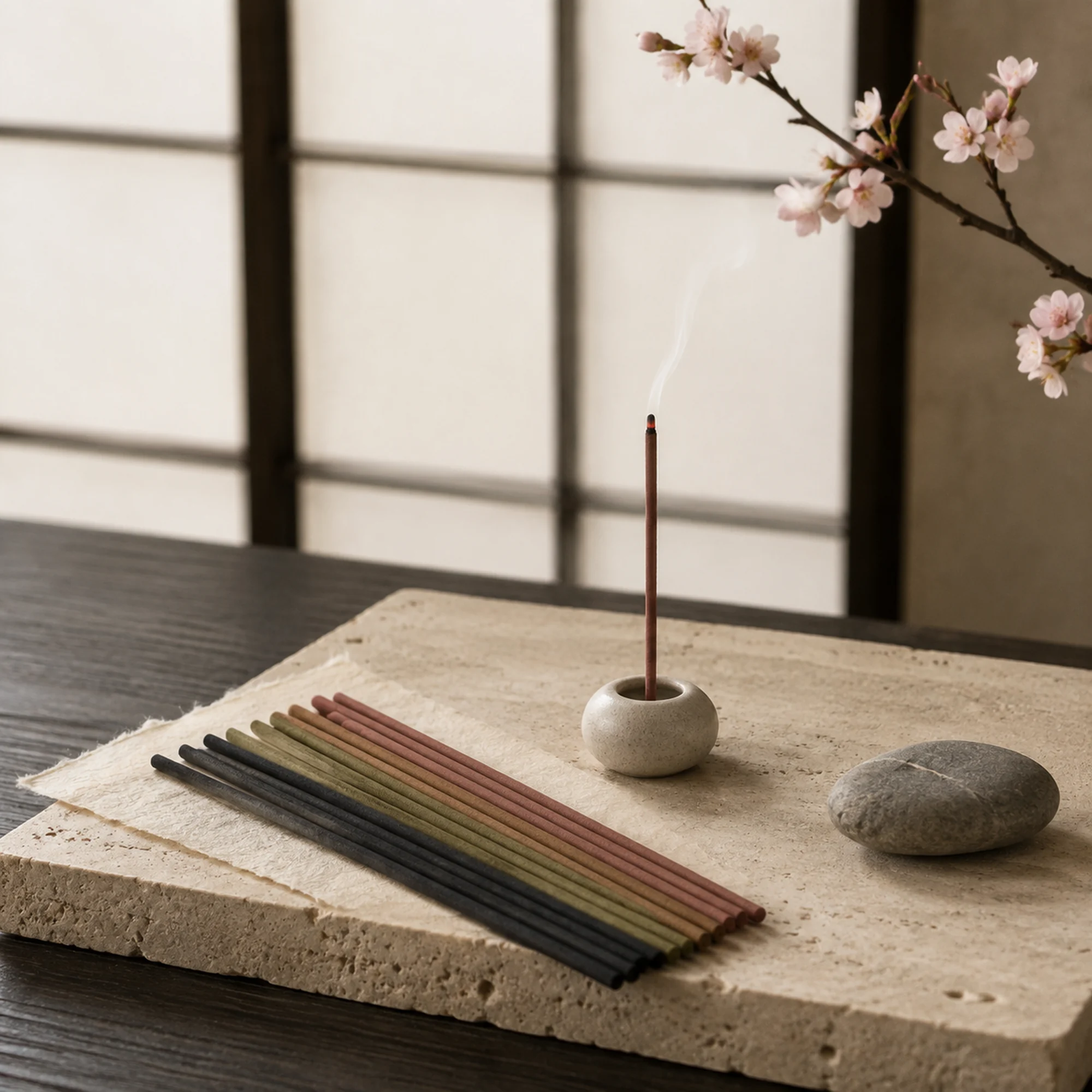 Japanische Räucherstäbchen ohne Bambuskern mit Keramikhalter, Kirschblüten und Shoji-Wänden