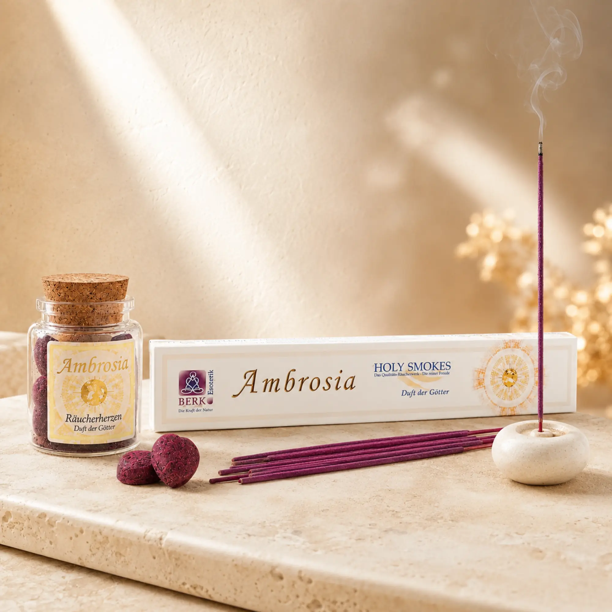 Ambrosia Räucherherzen und Räucherstäbchen von Berk gemeinsam auf hellem Naturstein