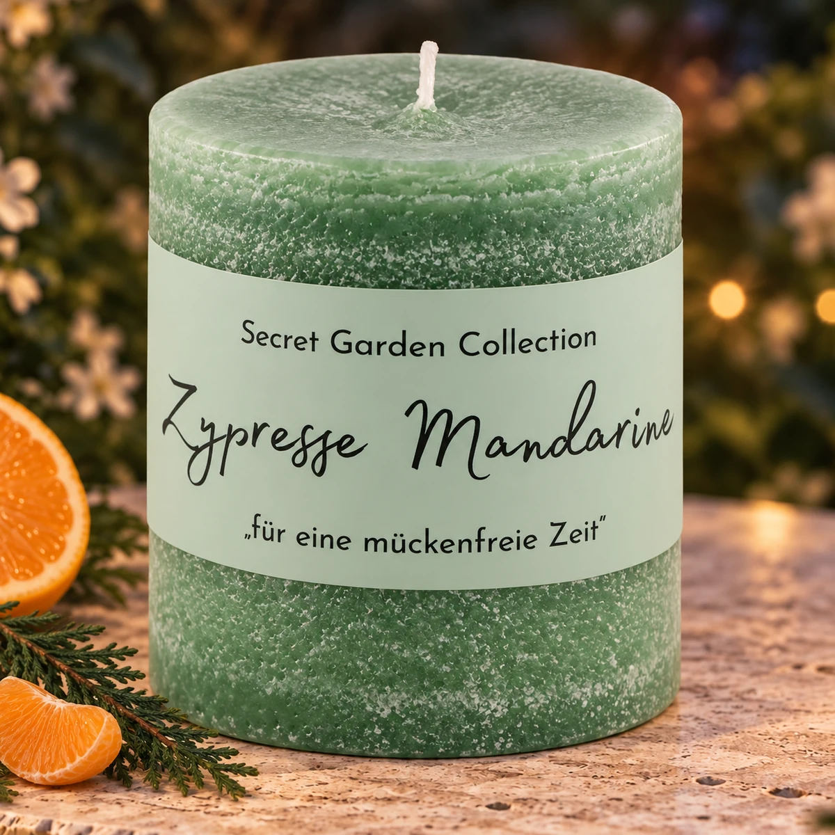 Schulthess Secret Garden Duftkerze Zypresse Mandarine mit Zypressenzweig und Mandarine
