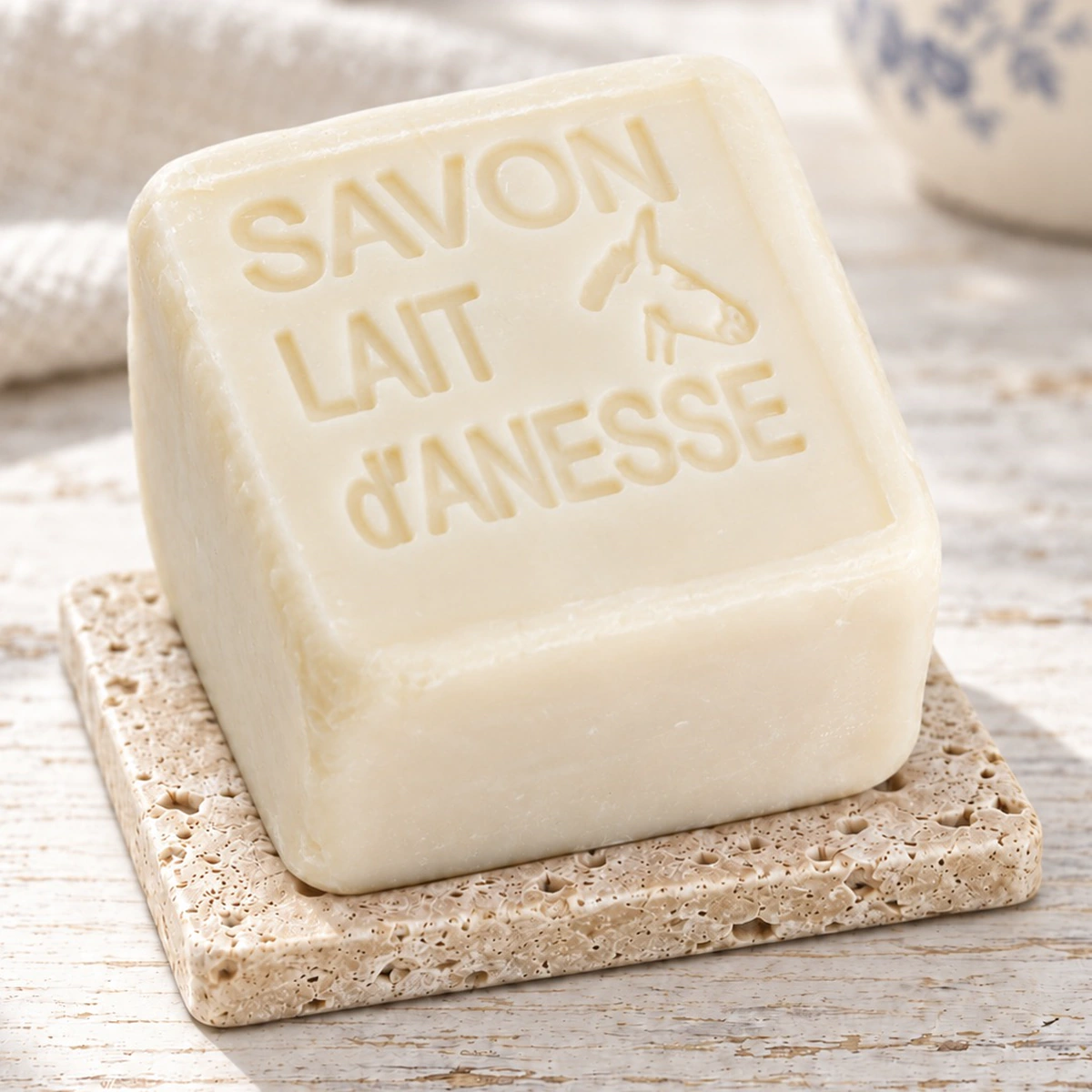 Maitre Savonitto Eselmilch-Seife als Würfel auf Travertin